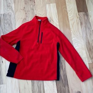 Soft red fleece pullover with zip privacy pocket